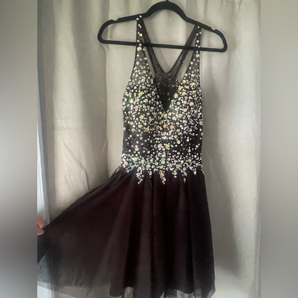 Blondie Nites Silver and Black Sequin Halter Prom/Homecoming Dress